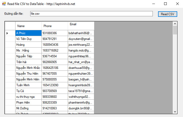 Read file csv to datatable