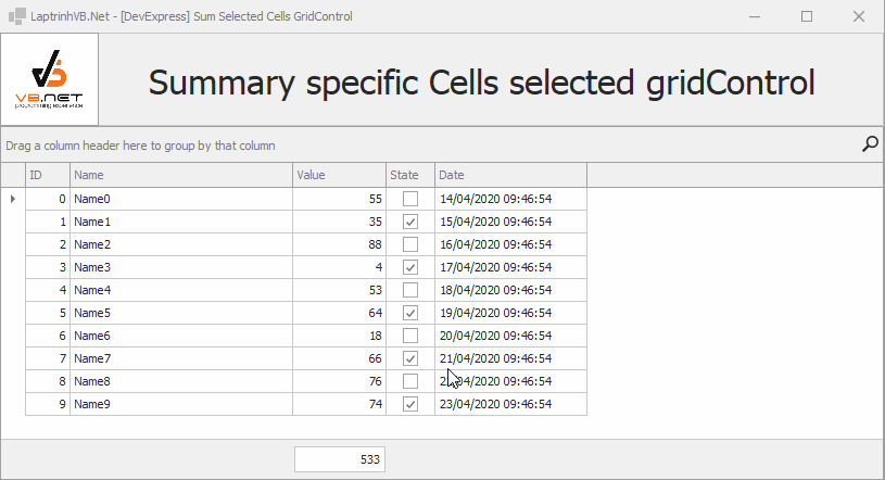 Sum-selected-cells-gridcontrol-gridview-devexpress
