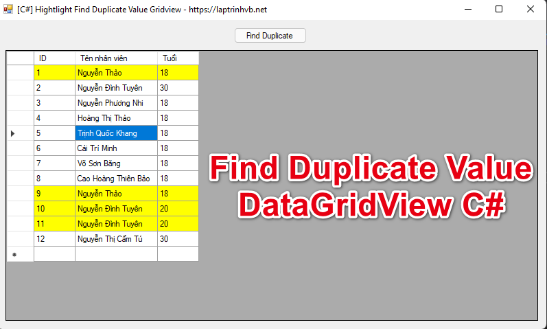 [C#] Tìm giá trị trùng lắp và tô màu trên datagridview winform